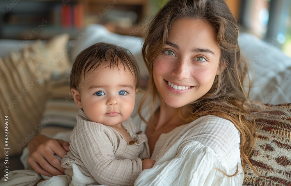 Mother joyfully sitting on sofa holding her baby boy in living room, wearing a white shirt Mother joyfully sitting on sofa holding her baby boy in living room, wearing a white shirt