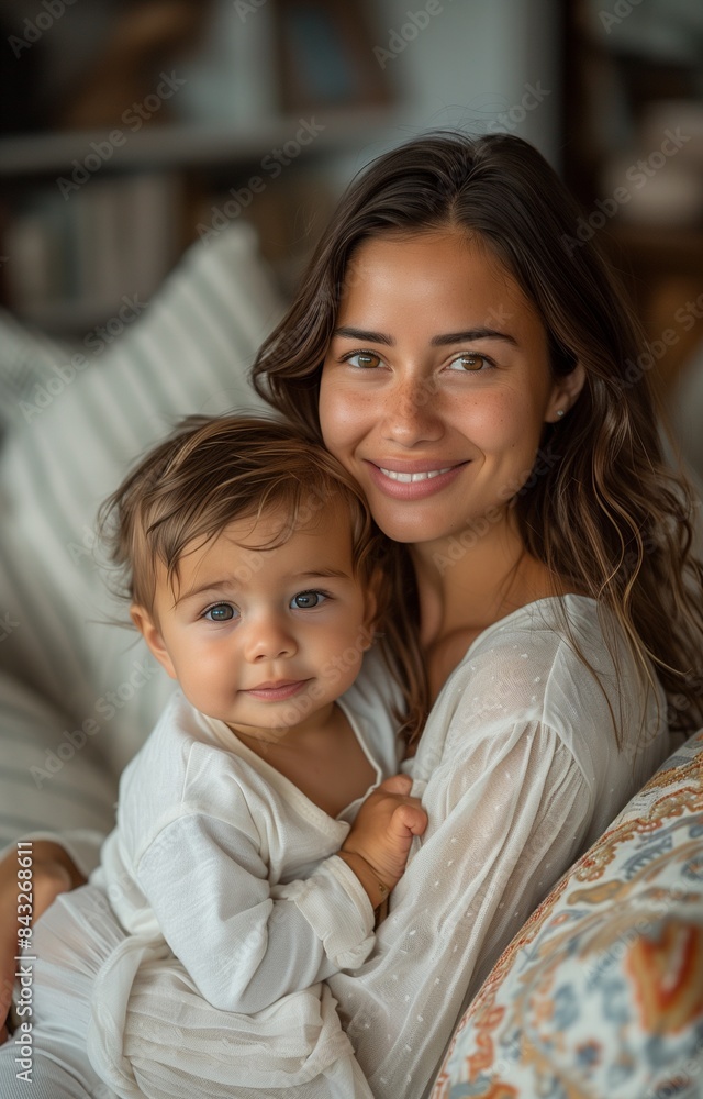 Mother joyfully sitting on sofa holding her baby boy in living room, wearing a white shirt Mother joyfully sitting on sofa holding her baby boy in living room, wearing a white shirt
