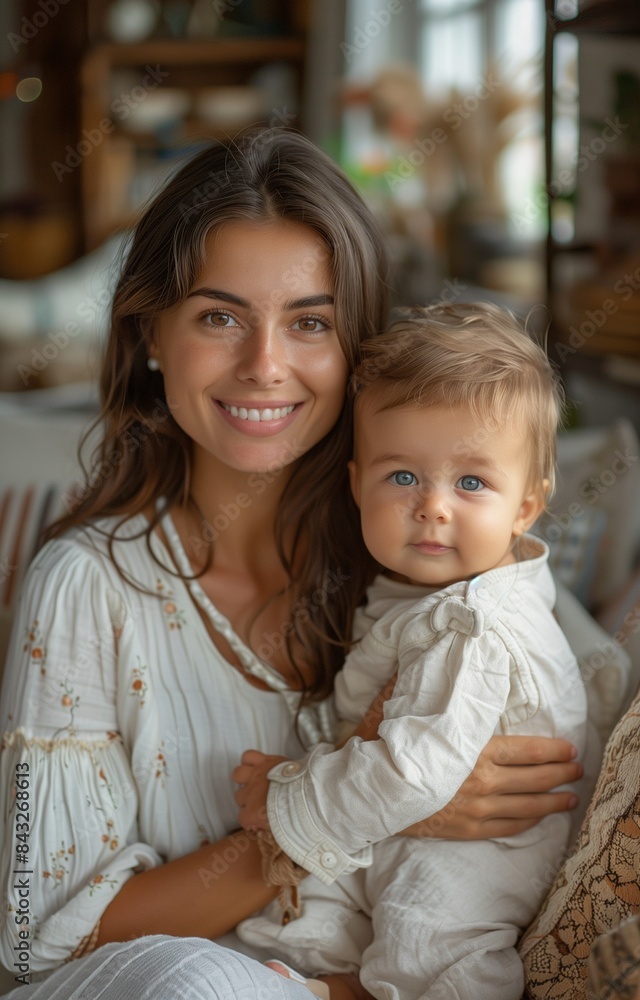 Mother joyfully sitting on sofa holding her baby boy in living room, wearing a white shirt Mother joyfully sitting on sofa holding her baby boy in living room, wearing a white shirt