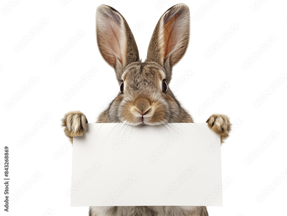 Fototapeta premium cute rabbit holding blank sign: adorable tabby kitty with white paws,isolated background