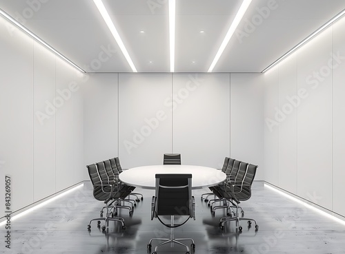 interior of modern office meeting room with black chairs and oval table, white walls, gray floor, ceiling lights, side view, stock photo, simple composition, feminine photo