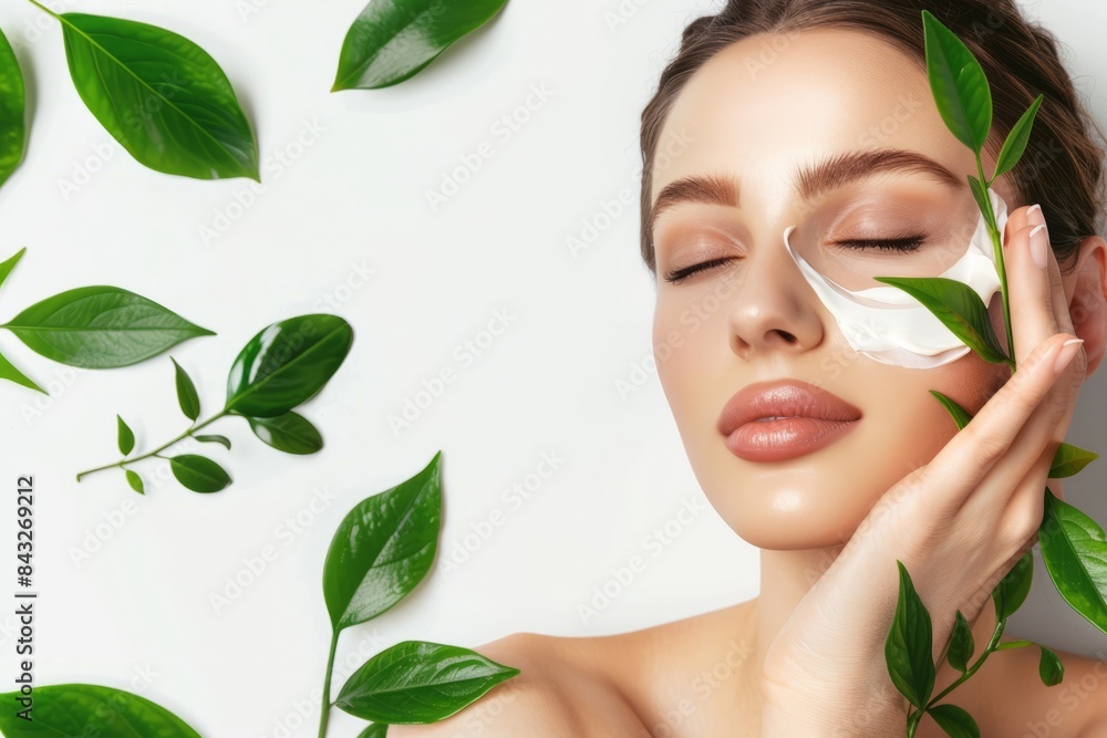 A beautiful woman with clean, healthy skin was applying cream to her cheeks against a white background with green leaves next to her hands. Skincare concept, beauty concept A beautiful woman with clean, healthy skin was applying cream to her cheeks against a white background with green leaves next to her hands. Skincare concept, beauty concept