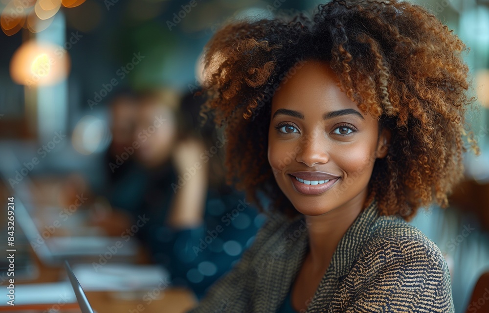 Smiling black businesswoman with tablet at meeting table, colleagues around, boardroom setting, looking into camera Smiling black businesswoman with tablet at meeting table, colleagues around, boardroom setting, looking into camera