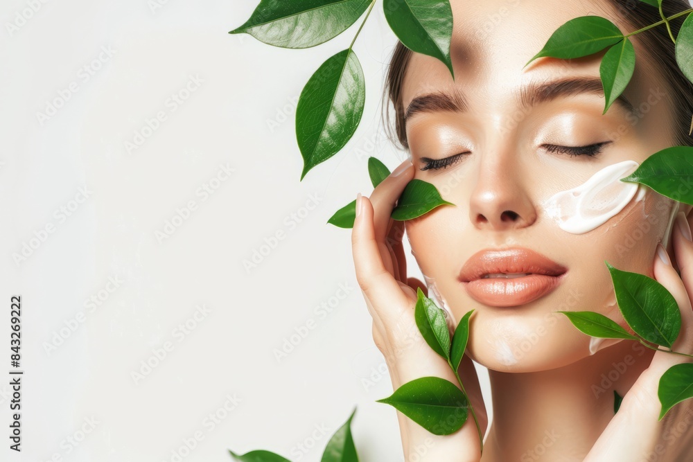 A beautiful woman with clean, healthy skin was applying cream to her cheeks against a white background with green leaves next to her hands. Skincare concept, beauty concept A beautiful woman with clean, healthy skin was applying cream to her cheeks against a white background with green leaves next to her hands. Skincare concept, beauty concept