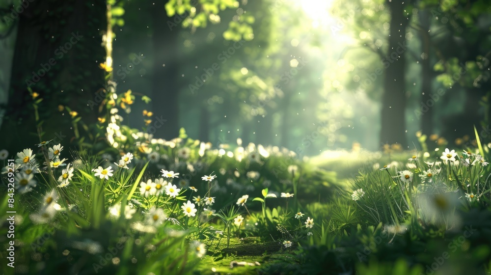 Natural dorest of woods with sunbeams through fog and leaves branch create mystic atmosphere. sunny morning in green forest Natural dorest of woods with sunbeams through fog and leaves branch create mystic atmosphere. sunny morning in green forest