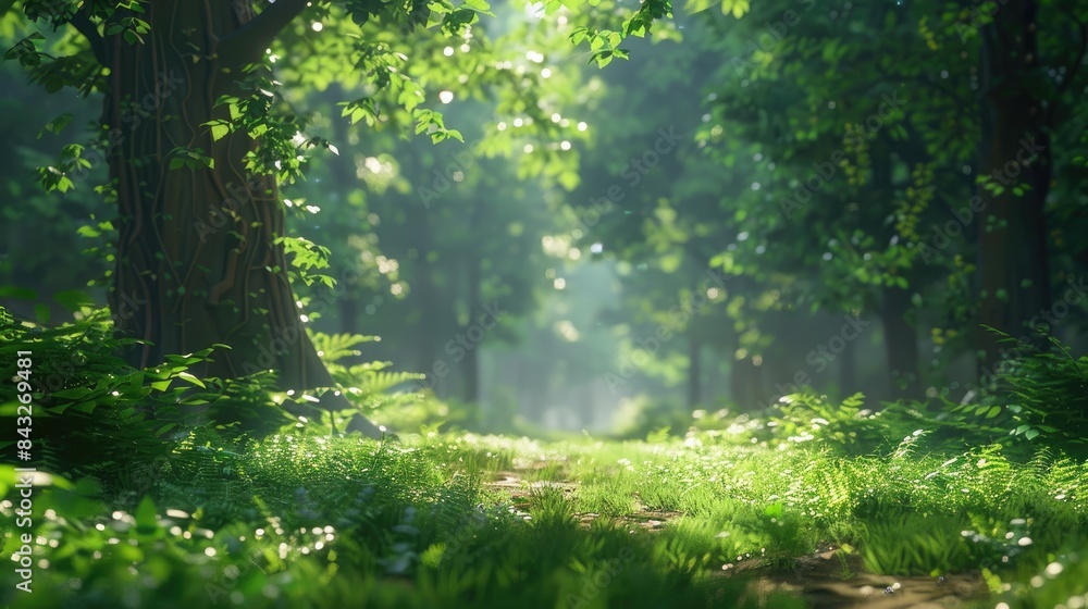 Natural dorest of woods with sunbeams through fog and leaves branch create mystic atmosphere. sunny morning in green forest Natural dorest of woods with sunbeams through fog and leaves branch create mystic atmosphere. sunny morning in green forest