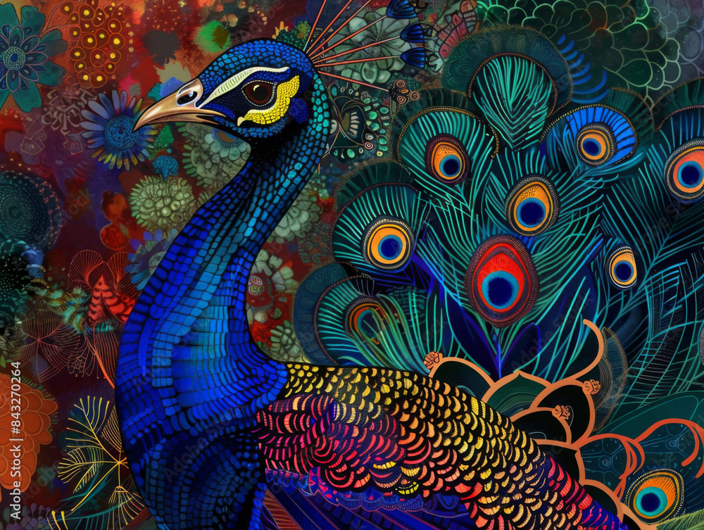 Fototapeta premium A colorful peacock with a blue head and green and yellow feathers