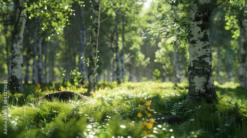 Natural dorest of woods with sunbeams through fog and leaves branch create mystic atmosphere. sunny morning in green forest Natural dorest of woods with sunbeams through fog and leaves branch create mystic atmosphere. sunny morning in green forest