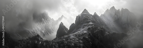 Majestic Greyscale Mountain Range Under Overcast Sky, Emphasizing Natural Textures and Dramatic Contrast