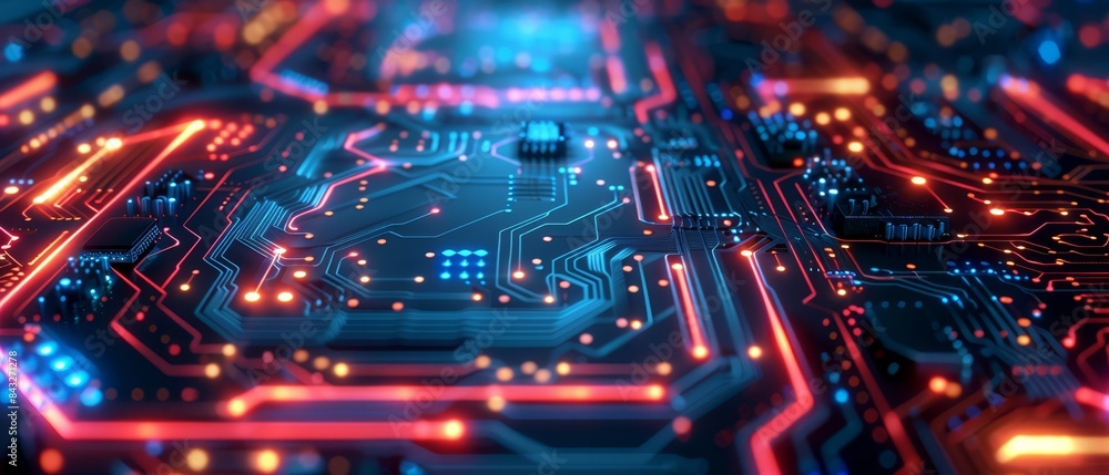 Futuristic circuit board with neon lights, blue tones, copy space Futuristic circuit board with neon lights, blue tones, copy space