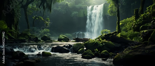 Deep jungle waterfall with vibrant greenery and soft, misty light