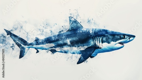 Watercolor double exposure of a shark and an oceanic abyss, isolated on white