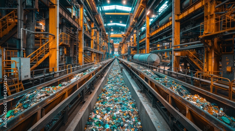 Recycling plant with workers sorting materials and machines processing waste, representing green industry efforts.