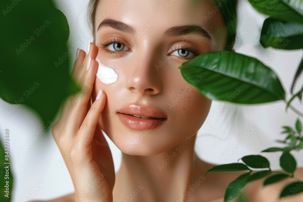 A beautiful woman with clean, healthy skin was applying cream to her cheeks against a white background with green leaves next to her hands. Skincare concept, beauty concept A beautiful woman with clean, healthy skin was applying cream to her cheeks against a white background with green leaves next to her hands. Skincare concept, beauty concept