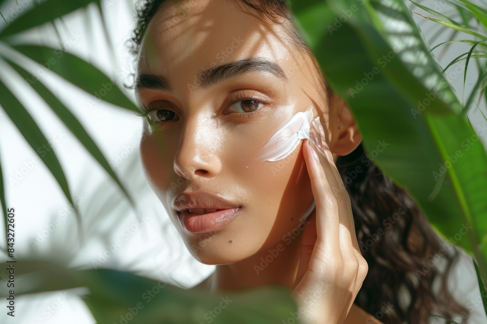 A beautiful woman with clean, healthy skin was applying cream to her cheeks against a white background with green leaves next to her hands. Skincare concept, beauty concept A beautiful woman with clean, healthy skin was applying cream to her cheeks against a white background with green leaves next to her hands. Skincare concept, beauty concept