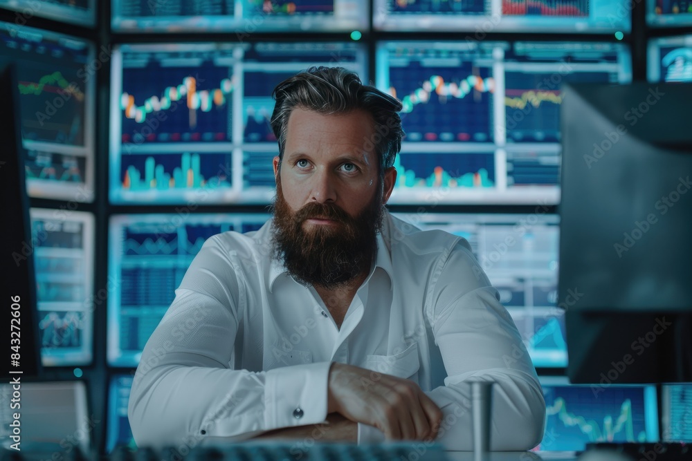 In the office, a bearded man is analyzing index charts on multiple computer screens. This image highlights the importance of modern business and data analysis.
In the office, a bearded man is analyzing index charts on multiple computer screens. This image highlights the importance of modern business and data analysis.