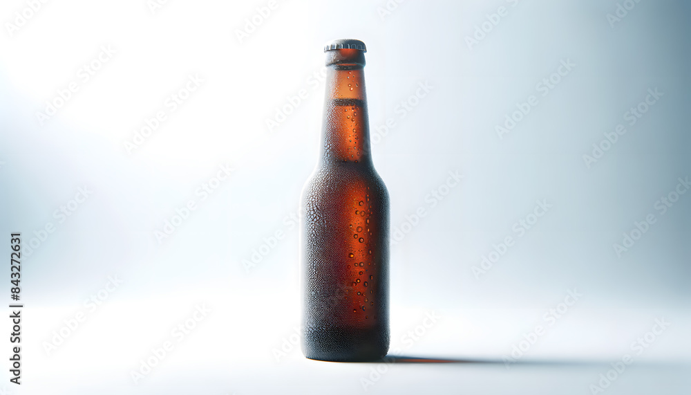 a brown glass beer bottle with condensation droplets on its surface, set against a clean, bright white background. a brown glass beer bottle with condensation droplets on its surface, set against a clean, bright white background.