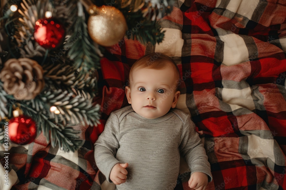A cute little baby boy lying on a checked blanket under a Christmas tree. This image evokes a warm and family-friendly atmosphere.
A cute little baby boy lying on a checked blanket under a Christmas tree. This image evokes a warm and family-friendly atmosphere.