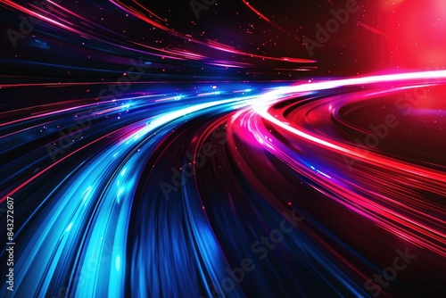 The blend of red and blue light streaks creates a dynamic and energetic atmosphere. This image exudes an artistic and modern vibe.

