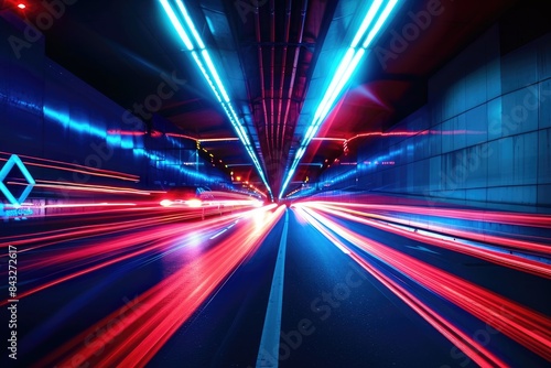 The blend of red and blue light streaks creates a dynamic and energetic atmosphere. This image exudes an artistic and modern vibe.

