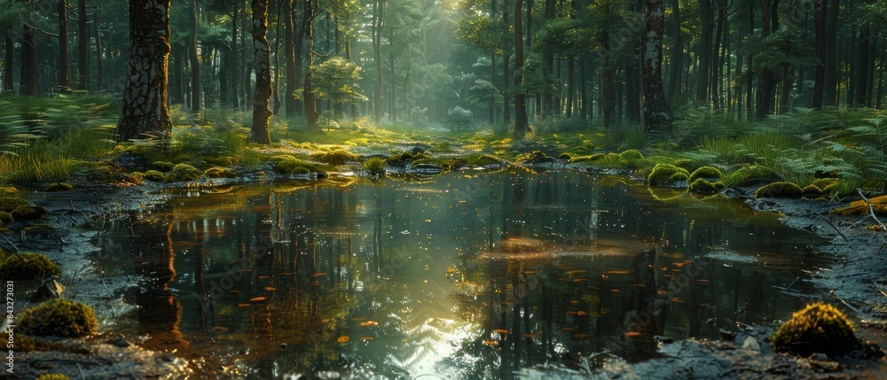 The forest and swamp, where puddles and moss intertwine to create a captivating natural tapestry.