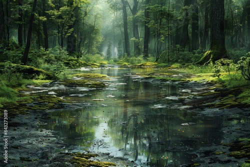 The forest and swamp, where puddles and moss intertwine to create a captivating natural tapestry. © Surachetsh