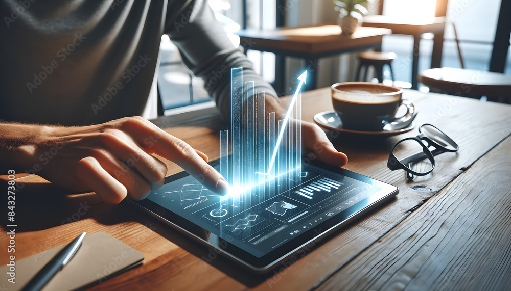 a person interacting with a tablet on a wooden table. The tablet screen displays a holographic bar chart rising a person interacting with a tablet on a wooden table. The tablet screen displays a holographic bar chart rising