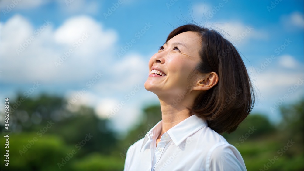 smiling woman in white shirt looking up at the sky, portrait of a 40 years old women, japanese woman, elegant Japanese woman, an Japanese woman, a young Japanese woman, Japanese woman, with white smiling woman in white shirt looking up at the sky, portrait of a 40 years old women, japanese woman, elegant Japanese woman, an Japanese woman, a young Japanese woman, Japanese woman, with white