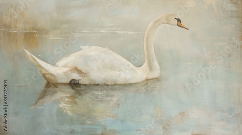 Fototapeta Naklejka Na Ścianę i Meble -  White swan on a lake reflecting peace and tranquility