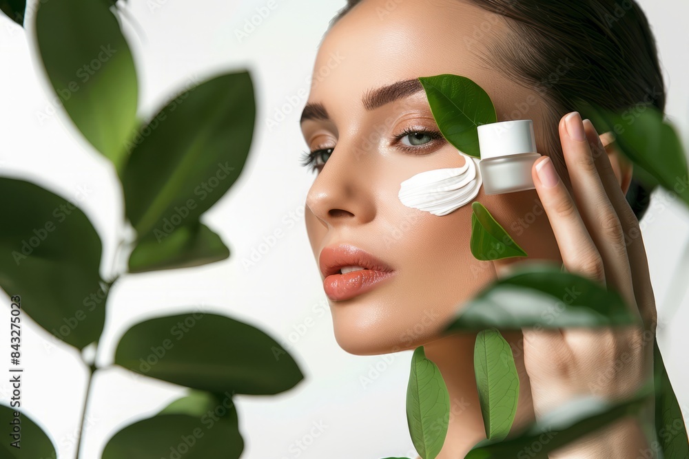 A beautiful woman with clean, healthy skin was applying cream to her cheeks against a white background with green leaves next to her hands. Skincare concept, beauty concept A beautiful woman with clean, healthy skin was applying cream to her cheeks against a white background with green leaves next to her hands. Skincare concept, beauty concept