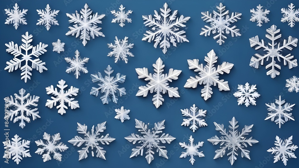 Set of different snowflakes isolated on white background. Macro photo of real snow crystals. Set of different snowflakes isolated on white background. Macro photo of real snow crystals.