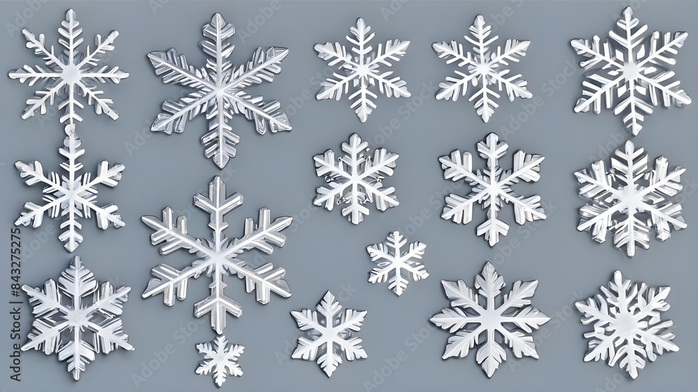 Set of different snowflakes isolated on white background. Macro photo of real snow crystals. Set of different snowflakes isolated on white background. Macro photo of real snow crystals.