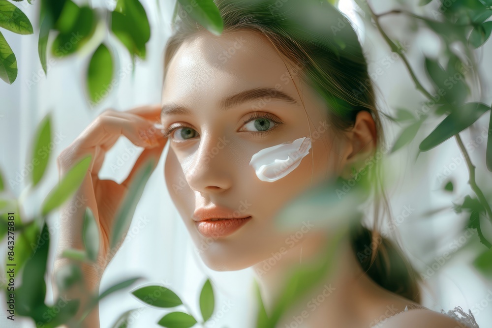 A beautiful woman with clean, healthy skin was applying cream to her cheeks against a white background with green leaves next to her hands. Skincare concept, beauty concept A beautiful woman with clean, healthy skin was applying cream to her cheeks against a white background with green leaves next to her hands. Skincare concept, beauty concept