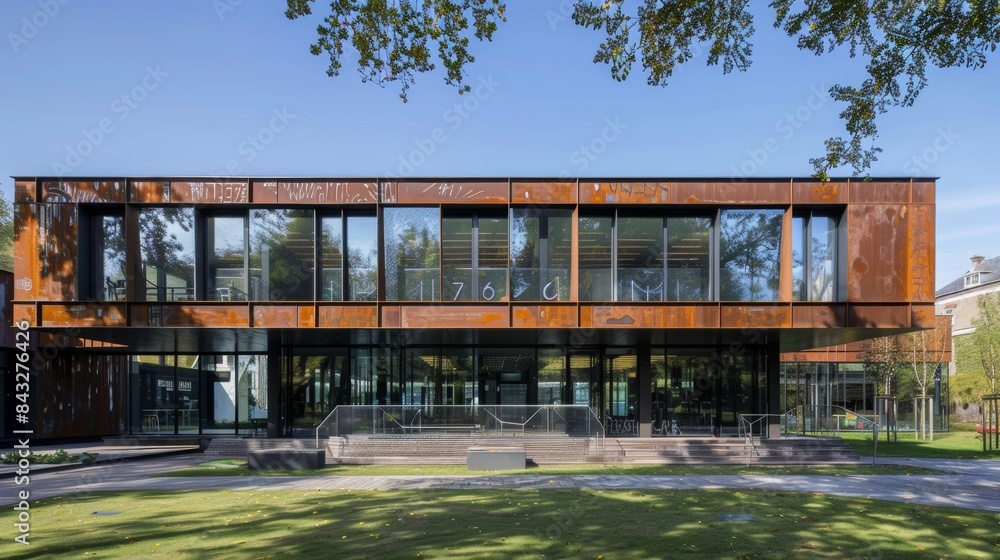 The framing of the building made from recycled steel reducing the use of new materials and promoting sustainability. The framing of the building made from recycled steel reducing the use of new materials and promoting sustainability.