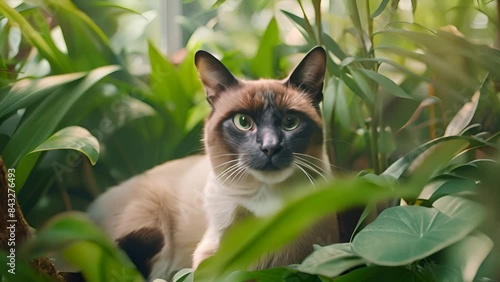 Wallpaper Mural Siamese Cat Among Indoor Plants with Ai generated.
 Torontodigital.ca