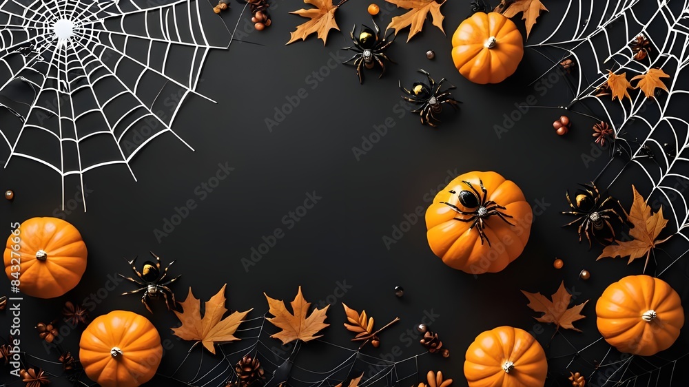 Happy halloween flat lay mockup with spiders, decoration and spider web on black background. Autumn holiday concept composition. Top view with copy space. Happy halloween flat lay mockup with spiders, decoration and spider web on black background. Autumn holiday concept composition. Top view with copy space.