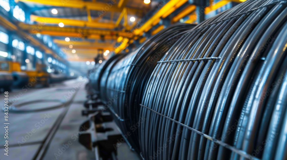 Fototapeta premium close up coils of steel wire rod located in the industrial. Heavy industrial