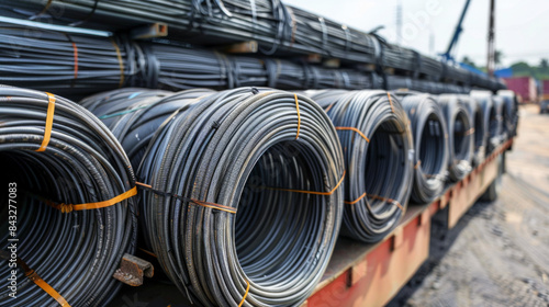 Close up coils of steel wire rod on truck trailer. Truck receive steel wire rod from warehouse container unstuffing area.