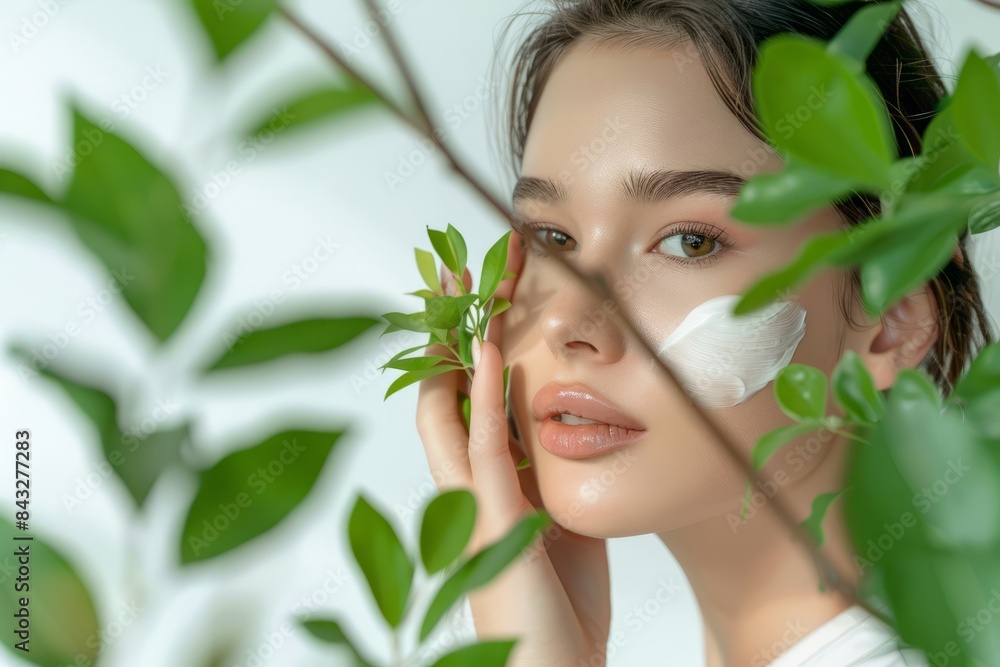 A beautiful woman with flawless skin applies cream on her cheeks against a white background with green leaves in the foreground. Skincare concept, beauty concept A beautiful woman with flawless skin applies cream on her cheeks against a white background with green leaves in the foreground. Skincare concept, beauty concept