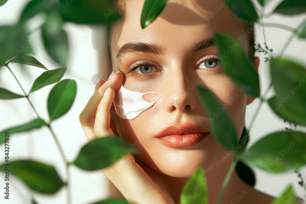 A beautiful woman with flawless skin applies cream on her cheeks against a white background with green leaves in the foreground. Skincare concept, beauty concept A beautiful woman with flawless skin applies cream on her cheeks against a white background with green leaves in the foreground. Skincare concept, beauty concept