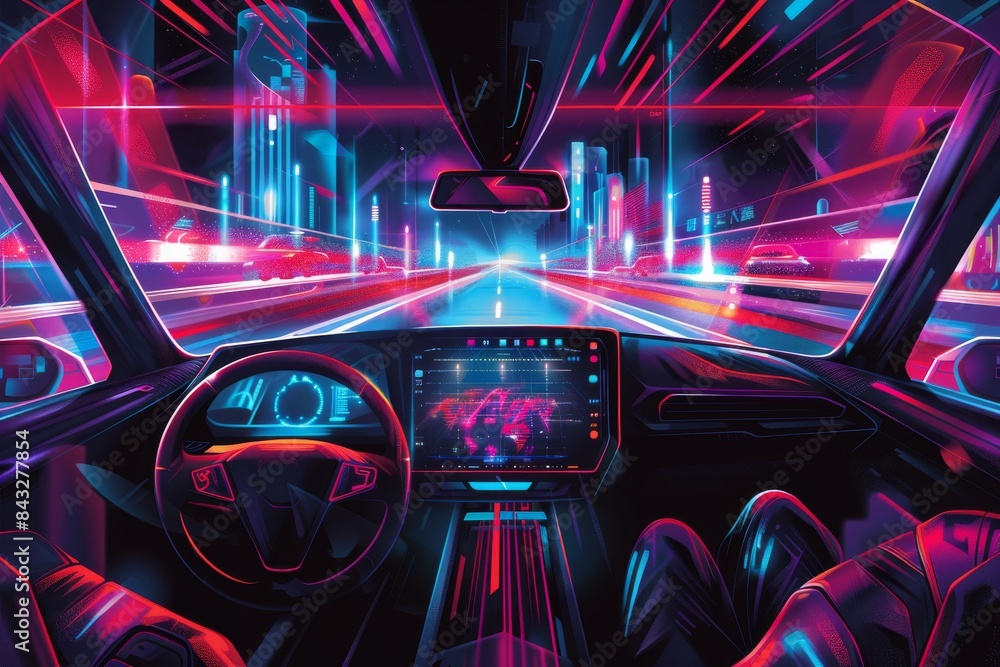 A futuristic car with a neon cityscape in the background. The car is driving down a highway with a person sitting in the driver's seat A futuristic car with a neon cityscape in the background. The car is driving down a highway with a person sitting in the driver's seat