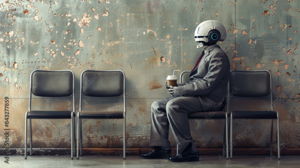 an Old man and AI robot sit stand side by side, poised for a job interview, symbolizing the dynamic competition between artificial intelligence and human intelligence. an Old man and AI robot sit stand side by side, poised for a job interview, symbolizing the dynamic competition between artificial intelligence and human intelligence.