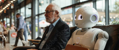 an Old man and AI robot sit stand side by side, poised for a job interview, symbolizing the dynamic competition between artificial intelligence and human intelligence. © Surachetsh