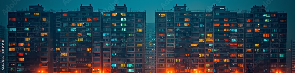 Fototapeta premium Brightly colored city buildings with lights on. 