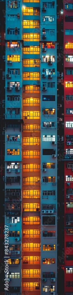 Brightly colored city buildings with lights on. Brightly colored city buildings with lights on.