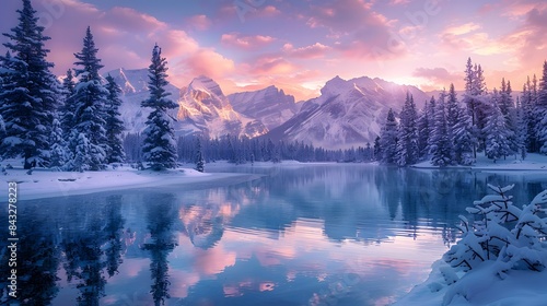 A beautiful winter landscape with mountains and a lake at sunset, a colorful sky, snow-covered trees, a serene atmosphere, a beautiful scenery.