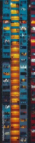 Brightly colored city buildings with lights on.  © Elle Arden 