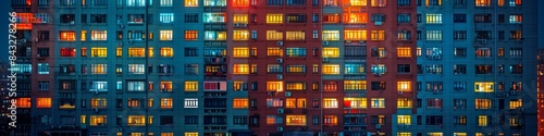 Brightly colored city buildings with lights on. 