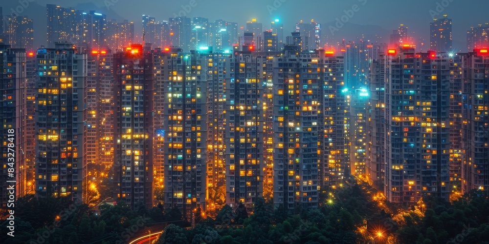 Fototapeta premium Brightly colored city buildings with lights on.