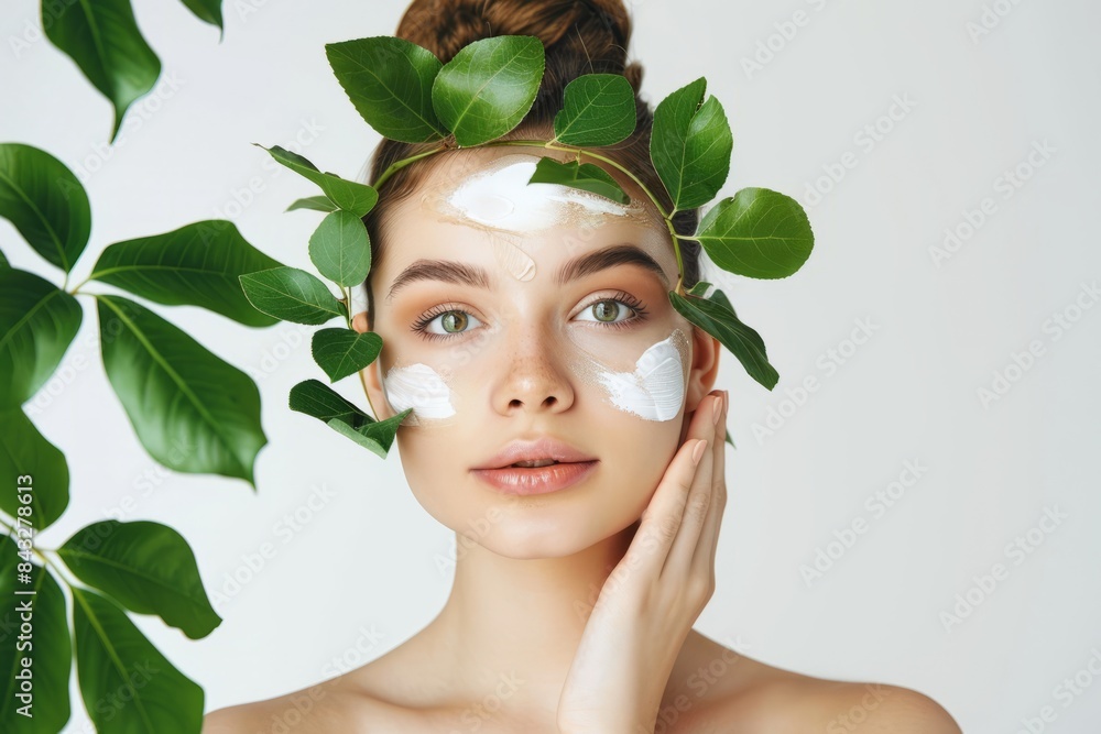 A beautiful woman with flawless skin applies cream on her cheeks against a white background with green leaves in the foreground. Skincare concept, beauty concept A beautiful woman with flawless skin applies cream on her cheeks against a white background with green leaves in the foreground. Skincare concept, beauty concept